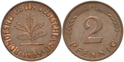 ФРГ 2 пфеннига 1969 F J.381a KM 106a сталь плакированная медью    4598-759