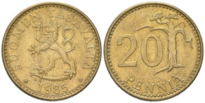 Финляндия 20 пенни 1985 KM 47 алюминиевая бронза UNC 4616-1221
