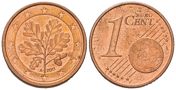 Германия 1 евроцент 2011 A KM 207 сталь плакированная медью 3334-1012