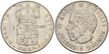Швеция 1 крона 1953 TS, Густав VI Адольф (1950-1973) KM 826 серебро 4148-1133