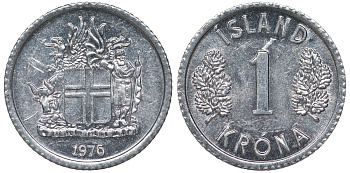 Исландия 1 крона 1976 KM 23 алюминий 4124-453