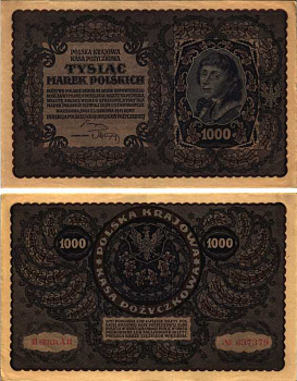 ПОЛЬША 1000 МАРОК 1919 23 СЕНТЯБРЯ 1923, ТРЕТИЙ ВЫПУСК, ПОРТРЕТ КОСТЮШКО Pick 29 бумага XF 7487-46-1