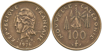 Французская Новая Каледония 100 франков 1976 хижина среди сосен и пальм, (IEOM) KM 15, Schoen 16, Lec 130 никель бронза 88-114