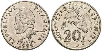 Французская Новая Каледония 20 франков 1996 три быка, (IEOM) KM 12, Schoen 14, Lec 115a никель 4131-413