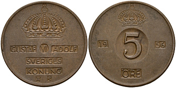 Швеция 5 эре 1956 Густав VI Адольф (1950-1973) KM 822 бронза 4159-556