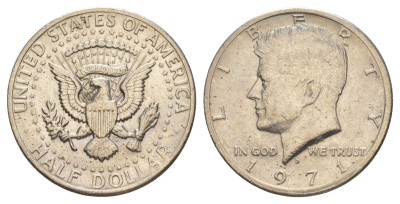 США 1/2 доллара (50 центов) 1971 D, Джон Кеннеди KM 202b медь плакированная медно-никелем aUNC 81-415