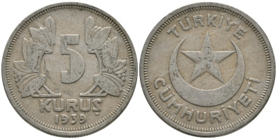 ТУРЦИЯ 5 КУРУШЕЙ 1939 KM 862 медно-никель 4541-247