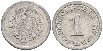 Германия 1 пфенниг 1917 A KM 24, J. 300, Weege 2 алюминий 4151-1222