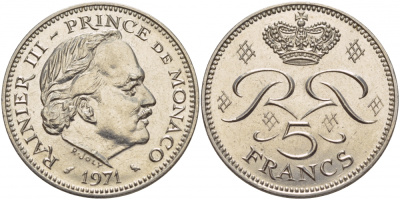 Монако 5 франков 1971 Ренье III (1949-2005) KM 150 медно-никель плакированный никелем 51-1522
