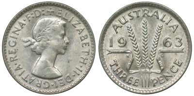 Австралия 3 пенса 1963 m, Елизавета II (1952-2022) KM 57 серебро 71-842
