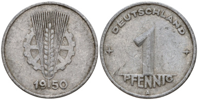 ГДР 1 пфенниг 1950 A KM 1 алюминий 192-1013
