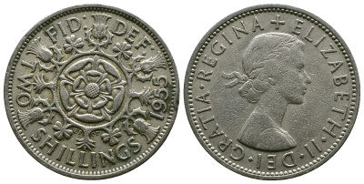 Великобритания 2 шиллинга (флорин) 1955 Елизавета II (1952-2022) KM 906, Spink 4146 медно-никель 4607-913