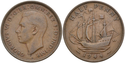 Великобритания 1/2 пенни 1944 Георг VI (1936-1952) KM 844, Spink 4115 бронза 190-754