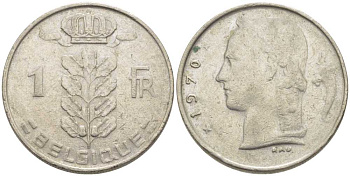 БЕЛЬГИЯ 1 ФРАНК 1970 BELGIQUE, БОДУЭН I (1951-1993) KM 142.1 медно-никель 119-513