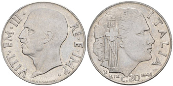 ИТАЛИЯ 20 ЧЕНТЕЗИМО 1941 R, ГОД XIX, ВИКТОР ЭММАНУИЛ III (1900-1946) KM 75b, VEM3. 1028 нержавеющая сталь 3853-842