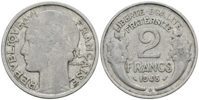 Франция 2 франка 1948 В KM 886a.2, LE FRANC 269.13 алюминий 81-432