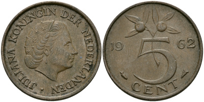 НИДЕРЛАНДЫ 5 ЦЕНТОВ 1962 ЮЛИАНА KM 181 бронза 95-353