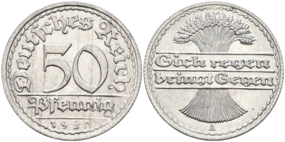 Германия 50 пфеннигов 1920 A KM 27, J.301, Weege 10 алюминий aUNC 4584-717