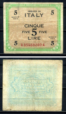 Италия 5 лир 1943 второй выпуск, серия А-А Pick M18а бумага 3295-56-3-2