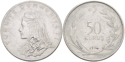 Турция 50 курушей 1974 Анатолийская невеста KM 899 нержавеющая сталь 4541-931