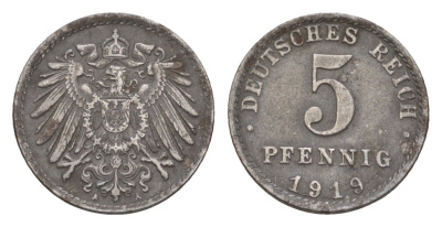 Германия 5 пфеннигов 1919 A KM 19, J. 297 железо плакированная цинков 4659-149