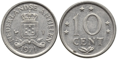 Нидерландские Антилы 10 центов 1971 Юлиана (1948-1980) KM 10 никель 192-761