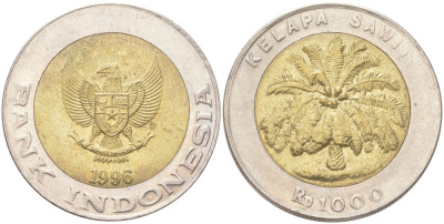 Индонезия 1000 рупий 1996 KM 56 биметалл aUNC 4148-334