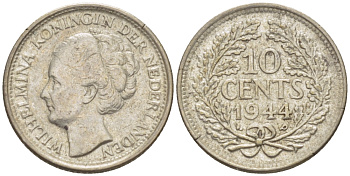 Нидерланды 10 центов 1944 Вильгельмина (1890-1948) KM 163 серебро aUNC 66-1244