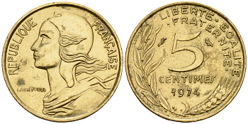 Франция 5 сантимов 1974 тип Марианна KM 933 медь алюминий никель    4152-1224
