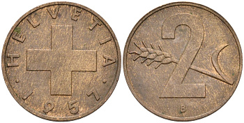 Швейцария 2 раппена 1957 В KM 47 бронза 4591-1124