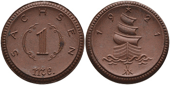 Саксония 1 марка 1921 парусник J. N 55 фарфор 1094-3-74