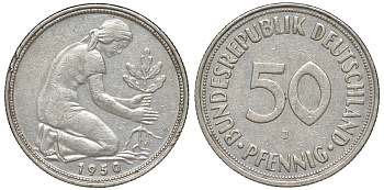 ФРГ 50 пфеннигов 1950 J KM 109, J. 384 медно-никель 4132-645