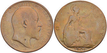 Великобритания 1 пенни 1906 Эдуард VII (1901-1910) KM 794.2, Sp 3990 бронза 115-1233