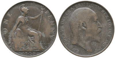 Великобритания 1 пенни 1907 Эдуард VII (1901-1910) KM 794.2, Spink 3990 бронза 32-444
