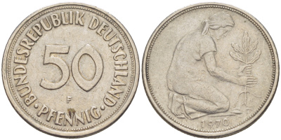 ФРГ 50 пфеннигов 1970 F KM 109.1, J. 384 медно-никель 4182-1012
