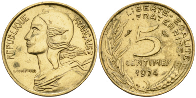 Франция 5 сантимов 1974 тип Марианна KM 933 медь алюминий никель    4152-1224