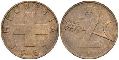 Швейцария 2 раппена 1957 В KM 47 бронза 4591-1124