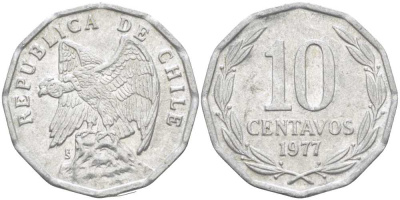 Чили 10 сентаво 1977 KM 205a алюминий 4402-411