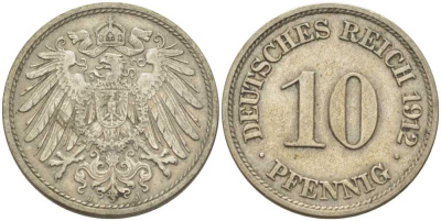 ГЕРМАНИЯ 10 ПФЕННИГОВ 1912 J KM 12, J. 13, Weege 8 медно-никель 212-221