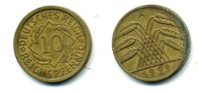 ГЕРМАНИЯ 10 РЕЙХСПФЕННИГОВ 1929 A, KM 40, J. 317 алюминиевая бронза 54-535