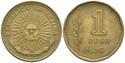 Аргентина 1 песо 1976 майское солнце KM 69, CJ 326, Schon 69 алюминиевая бронза    60-1054