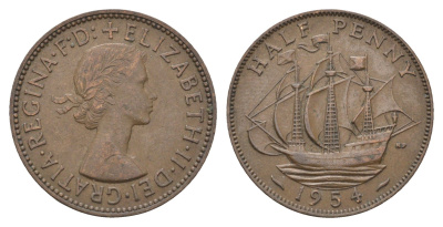 Великобритания 1/2 пенни 1954 Елизавета II (1952-2022) KM 896, Spink 4158 бронза 4662-1127