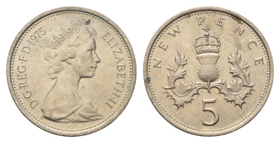 Великобритания 5 пенсов 1975 Елизавета II (1952-2022) KM 911, Spink 4233 (D1) медно-никель 4635-214
