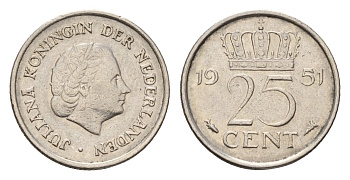 Нидерланды 25 центов 1951 Юлиана (1948-1980) KM 183 никель 4658-754