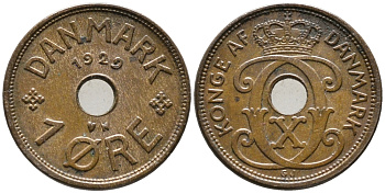ДАНИЯ 1 ЭРЕ 1929 N; GJ, КРИСТИАН X (1912-1947) KM 826.2 бронза 100-641
