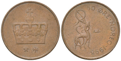 Норвегия 50 эре 1998 JJE, Харальд V (1991-) KM 460 бронза 4564-723