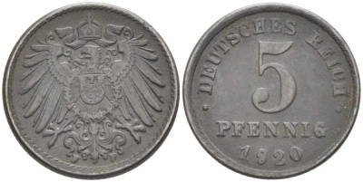 Германия 5 пфеннигов 1920 F KM 19, J. 297 железо 99-237