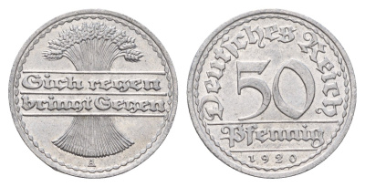 Германия 50 пфеннигов 1920 A KM 27, J. 301 алюминий UNC 3856-655