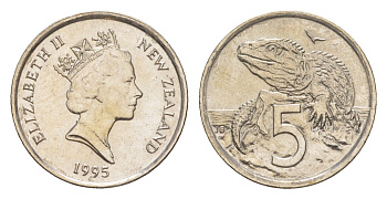 Новая Зеландия 5 центов 1995 Елизавета II (1952-2022), ящерица гаттерия KM 60 медно-никель UNC 4651-225