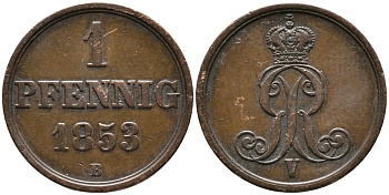 ГАННОВЕР 1 ПФЕННИГ 1853 В, ГЕОРГ V (1851-1866) KM 221 медь 100-626